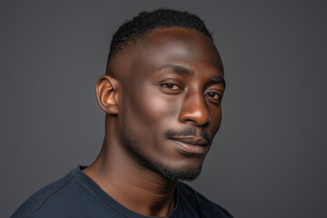 Obraz premium Close up portrait of a handsome african man with a serious expression and dark hair.