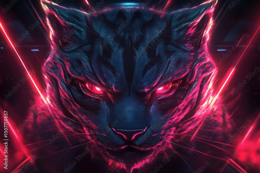 Aufkleber powerful black panther head with vibrant neon colors and striking details set against a dark backgro