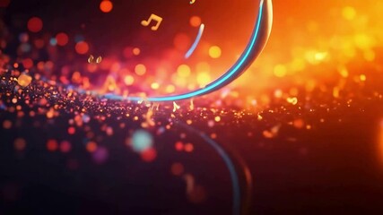 A dynamic abstract composition with glowing light trails, floating musical notes, and vibrant energy, blending deep blues with fiery oranges to evoke rhythm, movement, and creativity.