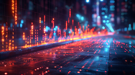 Digital code stream effect. Futuristic neon-lit street with falling red data symbols and cyberpunk city ambiance. Perfect for cybersecurity, metaverse scenes, or AI-themed visual storytelling.