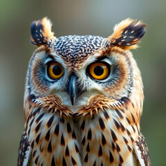 Obraz premium Excellent portrait of an owl. Close-up portrait of an owl with stunning yellow eyes.