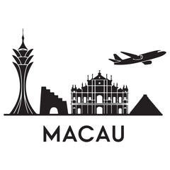 Vector Macau skyline. Travel Macau famous landmarks. Business and tourism concept for presentation, banner, web site. Vector black silhouette. with white background