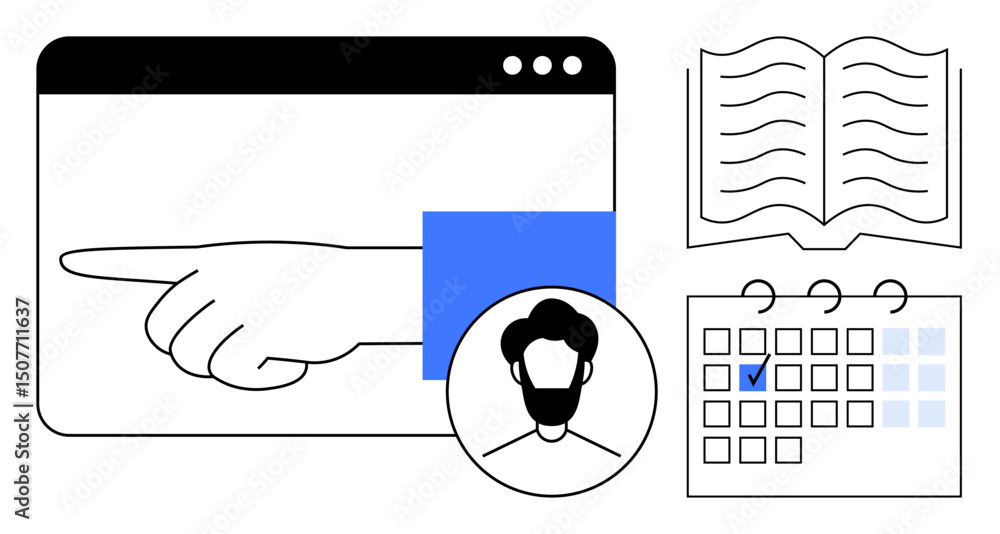 Poster hand pointing in a browser, user profile, open book, and marked calendar highlight tasks, scheduling