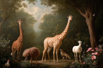 Majestic wildlife gathering in an enchanting forest under soft sunlight