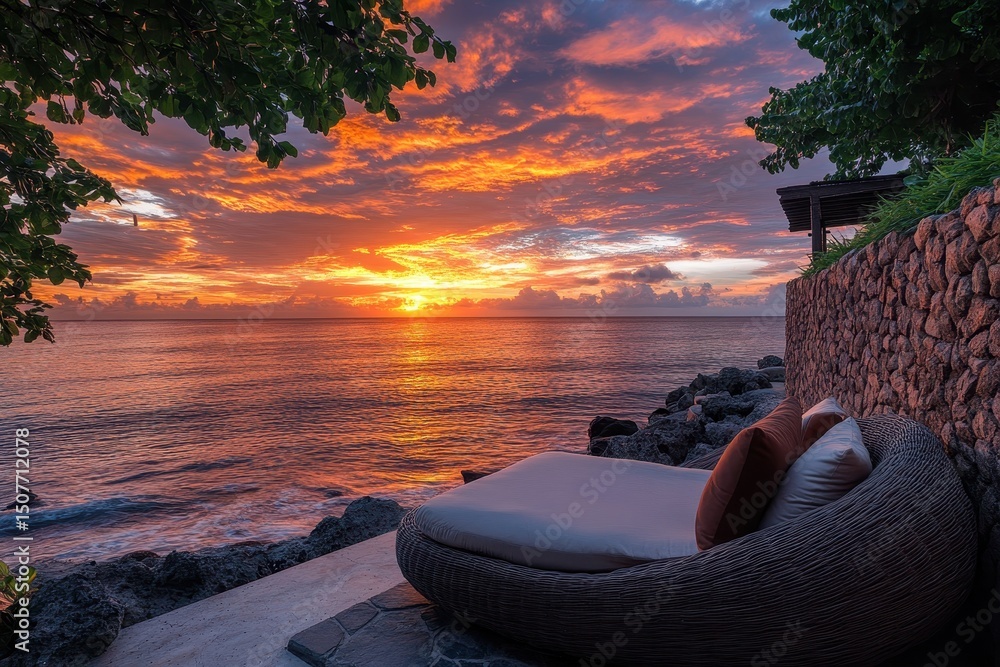 Poster sunset over calm ocean waters with a lounge chair positioned on the shore in a serene coastal settin