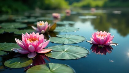 Water lilies forming a natural floral pattern on a lake, sunlight, water, wildlife