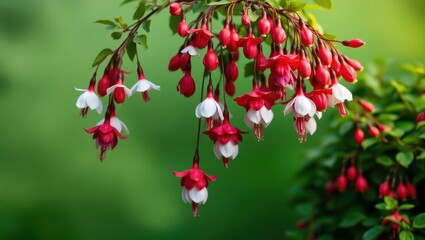 Obraz premium Red and White Fuchsia Flowers Hanging on Green Foliage
