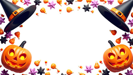 Halloween Border Frame with Jack-o'-Lanterns, Witch Hat, Candy Corn, and Spooky Decorations on White Background – Festive Holiday Template.