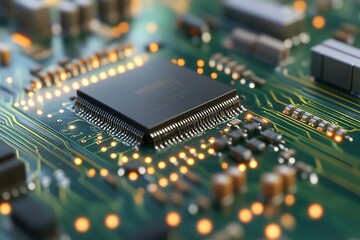 Obraz premium Exploring the intricate details of a circuit board with a central processing unit and glowing connections