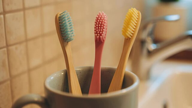 Three colorful bamboo toothbrushes in a cup on bathroom sink, minimal cozy setting, concept of shared living, student life, or unconventional household, eco-friendly lifestyle