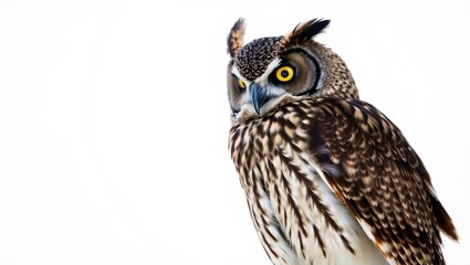 Fototapeta premium Close-Up of Horned Owl with Striking Yellow Eyes on White Background