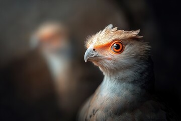 Majestic bird with vivid eyes perched in a shadowy setting, exuding a sense of wonder and beauty