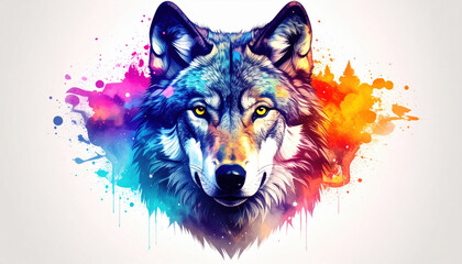 Majestic wolf head with gleaming eyes, surrounded by vibrant colors and artistic splashes, exuding intelligence and beauty