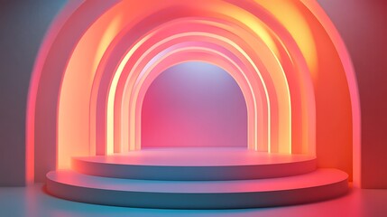 Multi-tiered podium with vibrant, arched neon lighting.