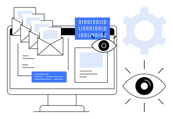 Computer screen with emails, binary code, surveillance eye, and gear icon. Ideal for data security, digital monitoring, online privacy, cyber defense, technology surveillance flat simple metaphor