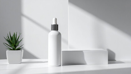 Minimalist product display featuring sleek white bottle and small plant, creating serene atmosphere