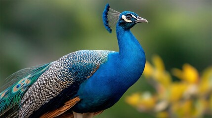 Fototapeta premium Striking blue peacock displays vibrant plumage