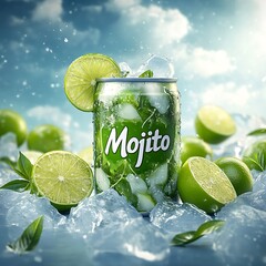Refreshing mojito drink in a can with ice and lime slices.