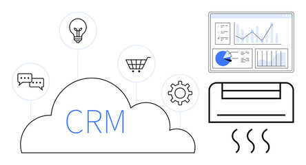 CRM cloud system integrated with analytics dashboard, light bulb, shopping cart, chat bubbles, gear icon, and HVAC unit. Ideal for technology, customer service, innovation analytics system