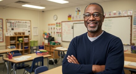 Obraz premium Friendly male teacher smiling in bright classroom
