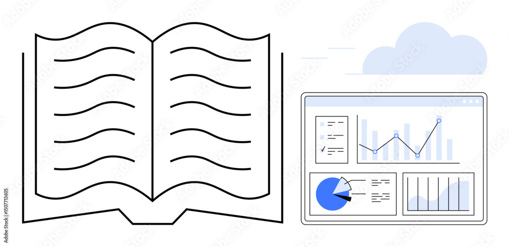 Poster open book symbolizing learning paired with a digital dashboard featuring charts and graphs. ideal fo