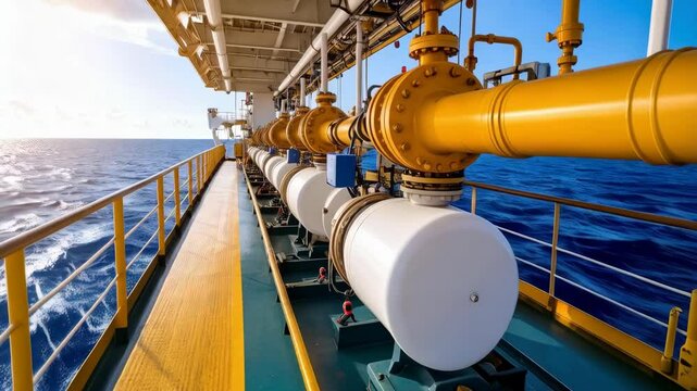 Industrial pipeline with yellow valves and white cylinders on an offshore platform, against ocean and sky backdrop during daylight, industry