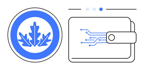 Wallet outlined with electronic circuitry, oak leaf badge denoting eco focus. Ideal for fintech, digital security, sustainable tech, eco campaigns, payment apps, blockchain, simple landing page