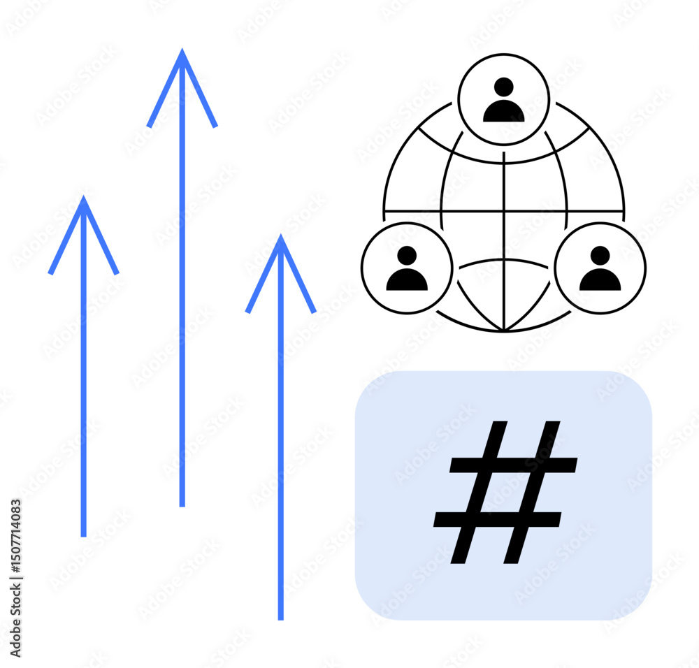 Aufkleber upward arrows signify growth, global connection network with user icons, and a highlighted metadata 