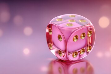 Pink Dice 3D Render: Glassy, Golden Pips, Lucky Number, Casino Game, Gambling, on Pink Background, Reflection, Chance
