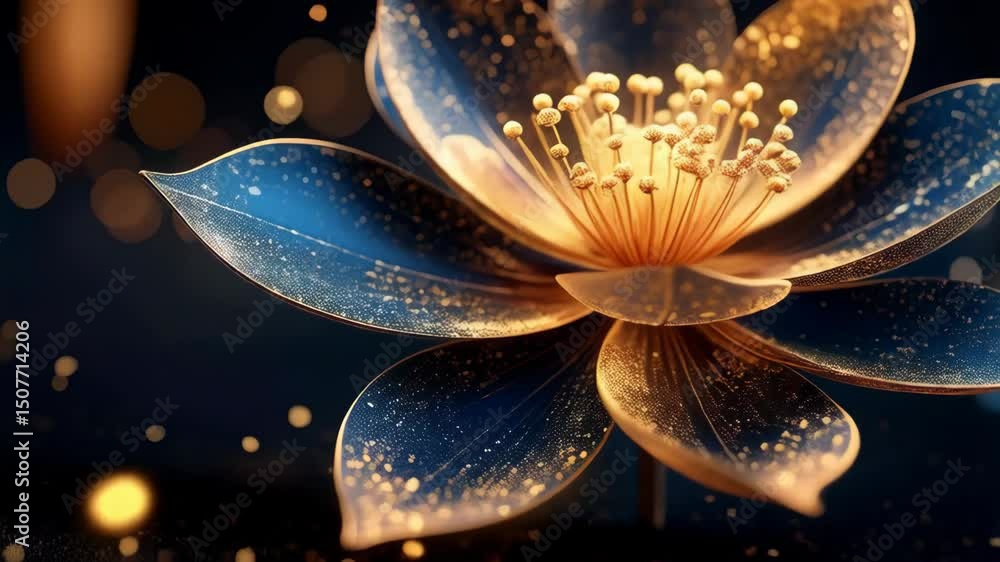 Poster abstract luminous flower with blue and gold petals on a dark background, illuminated by golden bokeh