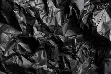 Close up of wrinkled dark gray plastic material with light shining on it. Abstract.