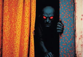 Mysterious Figure with Intense Red Gaze Behind Curtain, Spooky and Haunting Illustration