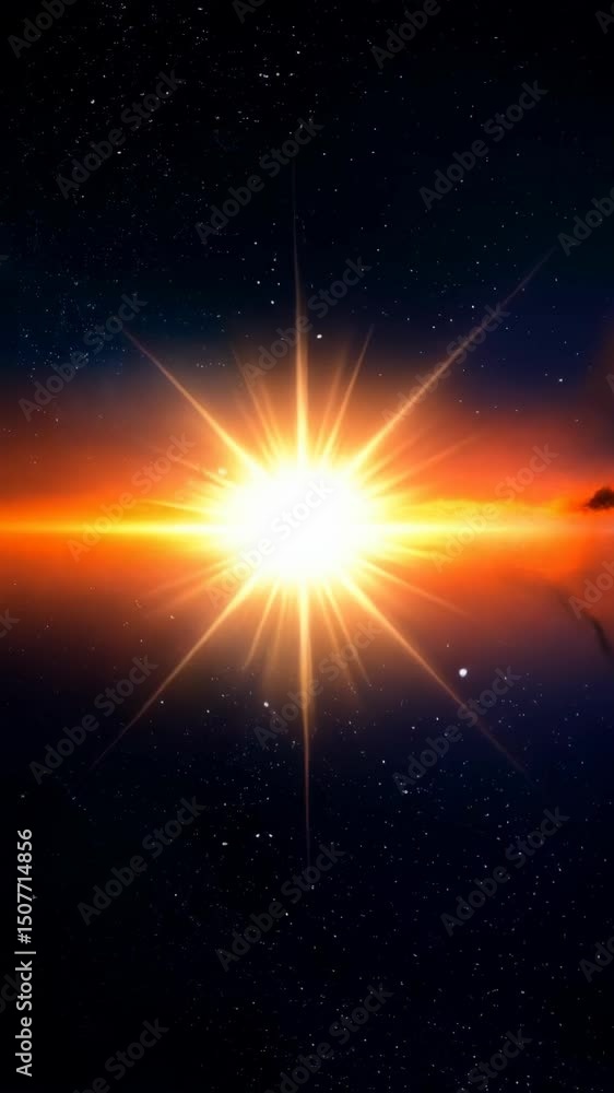 Poster bright cosmic starburst explosion in dark outer space with nebula clouds and sparkling stars
