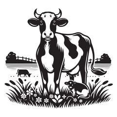 Cow in the field illustration vector
