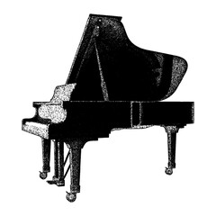 Illustration of a grand piano in vintage stipple engraving style isolated on transparent background © HTGanzo