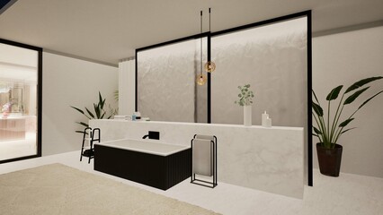 3D render of a contemporary bathroom with a black freestanding tub, marble partition wall, and minimalist decor. Soft lighting and large glass panels emphasize clean lines and refined elegance