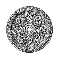 Geometric rosette ornament illustration in vintage stipple engraving style isolated on transparent background
