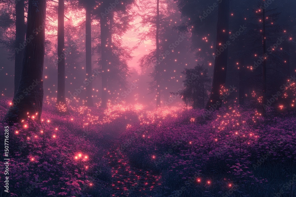 Poster a magical forest illuminated by glowing flowers at twilight with mist and soft pink hues highlightin