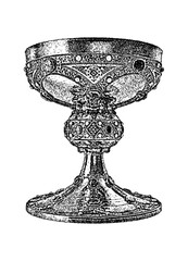 Illustration of an ornate chalice in vintage stipple engraving style isolated on transparent background