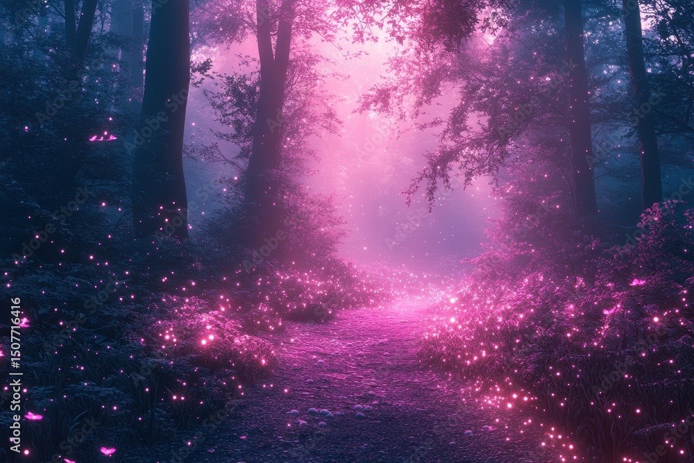 Poster a magical forest illuminated by glowing flowers at twilight with mist and soft pink hues highlightin
