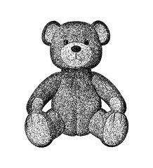 Teddy bear toy illustration in vintage stipple engraving style isolated on transparent background