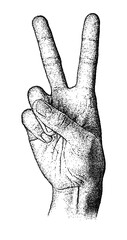 Illustration of a hand forming peace symbol gesture in vintage stipple engraving style isolated on transparent background