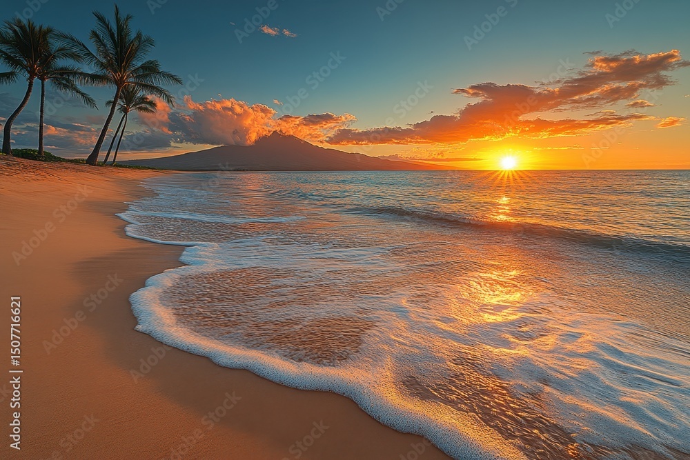 Aufkleber beautiful sunset over a tranquil beach with gentle waves and palm trees framing the vibrant horizon 