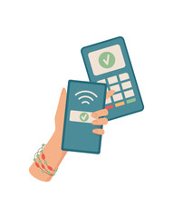 Hand holding a phone for nfc payment. A gesture of cash transaction with a digital device. Context of economy and finance, flat style, ideal for business and banking applications.
