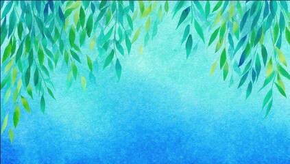 Watercolor Willow Branches On Light Blue Background