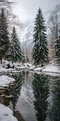 Snowy Mountain Valley With Reflection In Winter