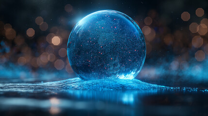 Crystal light dispersion in a water sphere. Abstract digital orb on reflective surface. Ideal for futuristic design, nature-tech fusion, and AI art concepts.