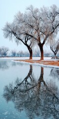 Winter Scene With Reflected Trees In Frozen Pond