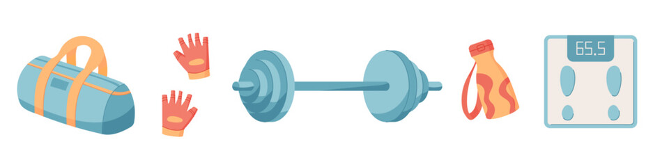 Colorful flat set of gym equipment. Essential workout accessories including dumbbell, training bag, and scale for fitness and health. Background for sport active lifestyle with vibrant design.