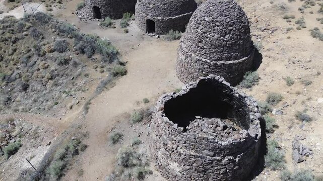 Frisco Kilns near Milford Utah. Close up, flyover shot of the five kilns.